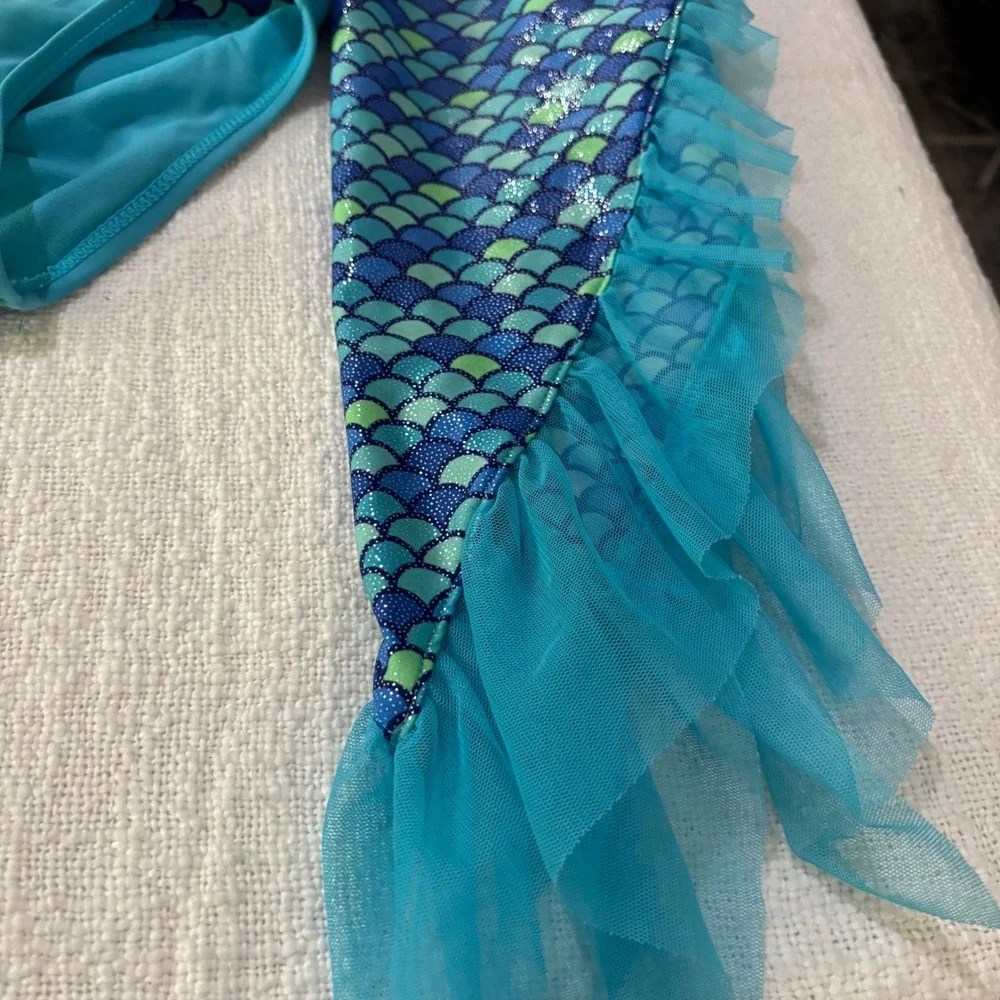 OP & Wonder Nation Girls Swimsuit Bundle Mermaid Tail Leopard Blue XS 4-5 5pc